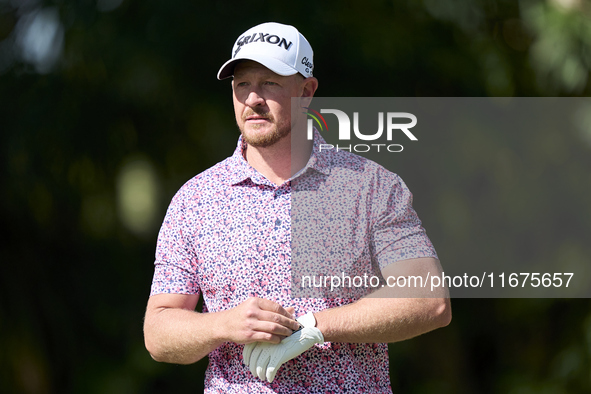 Jacques Kruyswijk of South Africa reacts on the 17th hole on day one of the Estrella Damm N.A. Andalucia Masters 2024 at Real Club de Golf S...