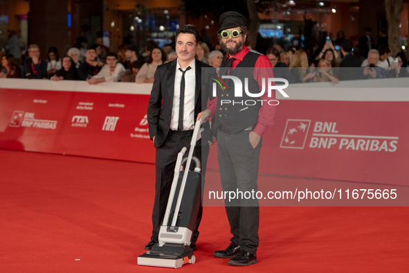 Gianfranco Firriolo and Vinicio Capossela attend the ''Natale Fuori Orario'' red carpet during the 19th Rome Film Festival at Auditorium Par...