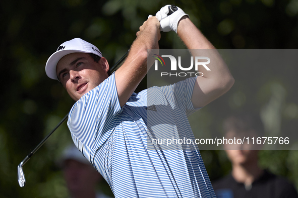 Aaron Cockerill of Canada tees off on the 17th hole on day one of the Estrella Damm N.A. Andalucia Masters 2024 at Real Club de Golf Sotogra...