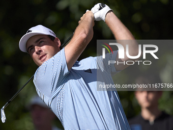 Aaron Cockerill of Canada tees off on the 17th hole on day one of the Estrella Damm N.A. Andalucia Masters 2024 at Real Club de Golf Sotogra...