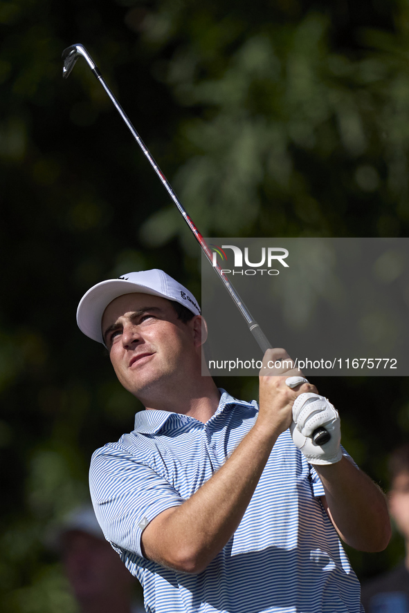 Aaron Cockerill of Canada tees off on the 17th hole on day one of the Estrella Damm N.A. Andalucia Masters 2024 at Real Club de Golf Sotogra...