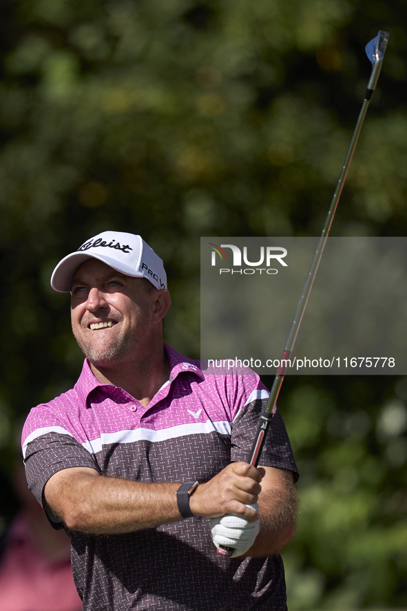 Darren Fichardt of South Africa tees off on the 17th hole on day one of the Estrella Damm N.A. Andalucia Masters 2024 at Real Club de Golf S...