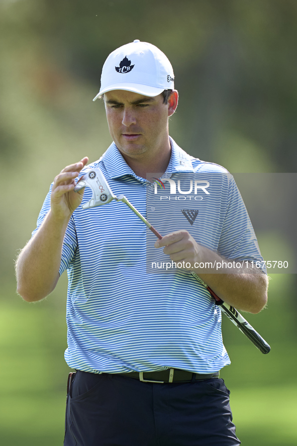 Aaron Cockerill of Canada reacts on the 16th green on day one of the Estrella Damm N.A. Andalucia Masters 2024 at Real Club de Golf Sotogran...