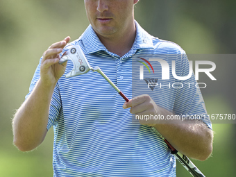 Aaron Cockerill of Canada reacts on the 16th green on day one of the Estrella Damm N.A. Andalucia Masters 2024 at Real Club de Golf Sotogran...