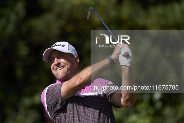 Darren Fichardt of South Africa tees off on the 17th hole on day one of the Estrella Damm N.A. Andalucia Masters 2024 at Real Club de Golf S...