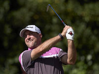 Darren Fichardt of South Africa tees off on the 17th hole on day one of the Estrella Damm N.A. Andalucia Masters 2024 at Real Club de Golf S...