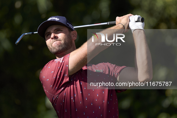 Adri Arnaus of Spain tees off on the 17th hole on day one of the Estrella Damm N.A. Andalucia Masters 2024 at Real Club de Golf Sotogrande i...