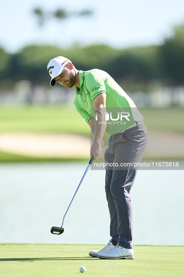 Daniel Gavins of England plays a shot on the 16th green on day one of the Estrella Damm N.A. Andalucia Masters 2024 at Real Club de Golf Sot...