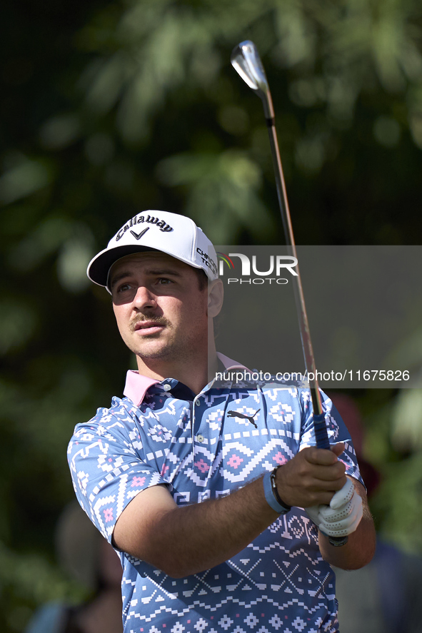 David Micheluzzi of Australia tees off on the 17th hole on day one of the Estrella Damm N.A. Andalucia Masters 2024 at Real Club de Golf Sot...