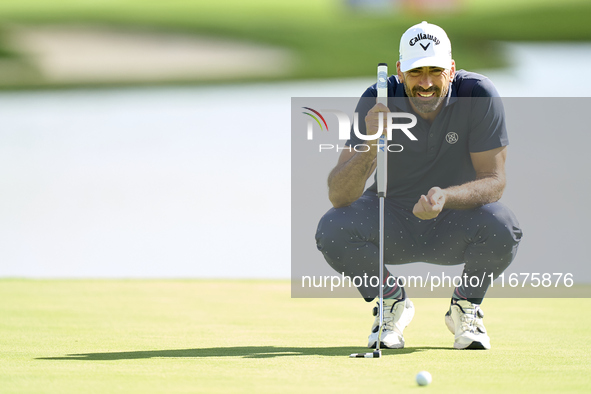 Alvaro Quiros of Spain studies his shot on the 16th green on day one of the Estrella Damm N.A. Andalucia Masters 2024 at Real Club de Golf S...