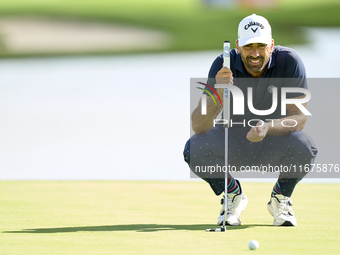 Alvaro Quiros of Spain studies his shot on the 16th green on day one of the Estrella Damm N.A. Andalucia Masters 2024 at Real Club de Golf S...