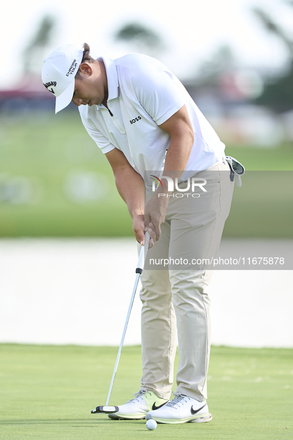 Gavin Green of Malaysia plays a shot on the 16th green on day one of the Estrella Damm N.A. Andalucia Masters 2024 at Real Club de Golf Soto...