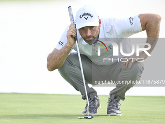 Oliver Wilson of England studies his shot on the 16th green on day one of the Estrella Damm N.A. Andalucia Masters 2024 at Real Club de Golf...