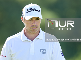 Julien Guerrier of France reacts on the 11th green on day one of the Estrella Damm N.A. Andalucia Masters 2024 at Real Club de Golf Sotogran...