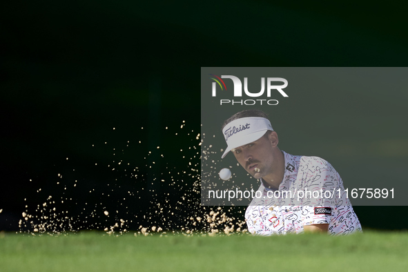 David Ravetto of France plays his shot out of a bunker on the 11th hole on day one of the Estrella Damm N.A. Andalucia Masters 2024 at Real...