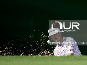 David Ravetto of France plays his shot out of a bunker on the 11th hole on day one of the Estrella Damm N.A. Andalucia Masters 2024 at Real...