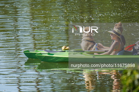 People kayak on rented kayaks on Sudomie Lake in the Cassubia region, Poland, on July 20, 2024. 