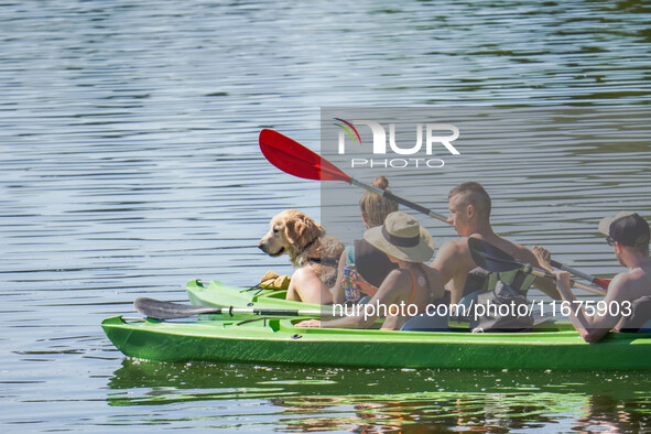 People kayak on rented kayaks on Sudomie Lake in the Cassubia region, Poland, on July 20, 2024. 