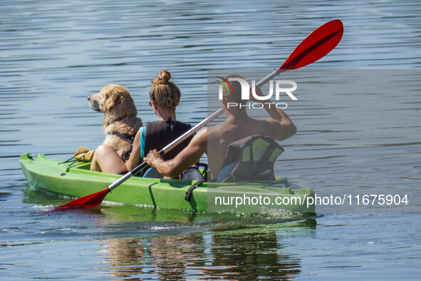 People kayak on rented kayaks on Sudomie Lake in the Cassubia region, Poland, on July 20, 2024. 