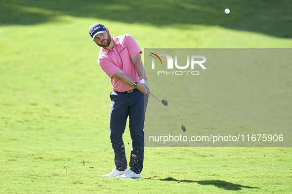 Jordan Smith of England plays his second shot on the 11th hole on day one of the Estrella Damm N.A. Andalucia Masters 2024 at Real Club de G...