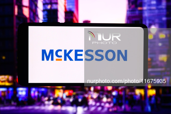 McKesson logo is screened on a mobile phone for illustration photo. Krakow, Poland on October 17th, 2024. 