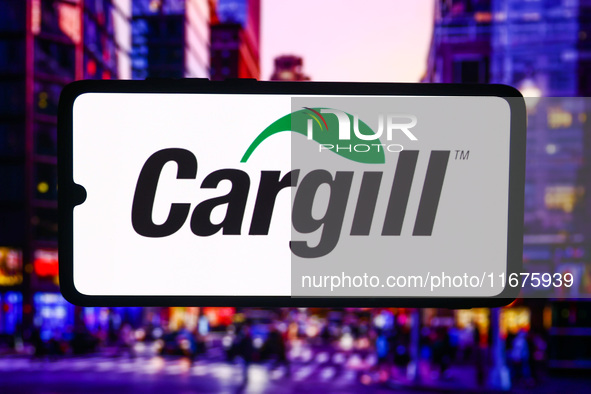 Cargill logo is screened on a mobile phone for illustration photo. Krakow, Poland on October 17th, 2024. 