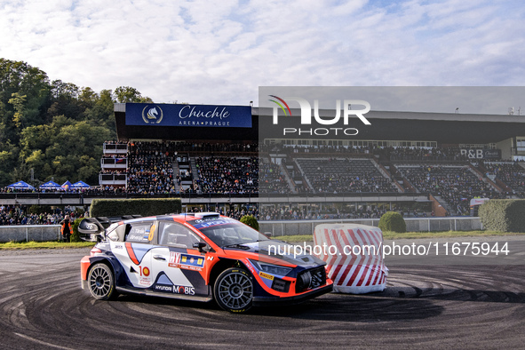 Driver Ott Tanak and co-driver Martin Jarveoja of the Hyundai Shell Mobis World Rally Team, in a Hyundai i20 N Rally1 Hybrid, face the first...