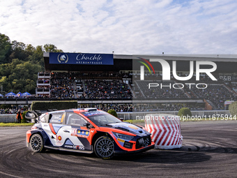 Driver Ott Tanak and co-driver Martin Jarveoja of the Hyundai Shell Mobis World Rally Team, in a Hyundai i20 N Rally1 Hybrid, face the first...