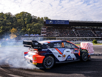 Driver Thierry Neuville and co-driver Martijn Wydaeghe of the Hyundai Shell Mobis World Rally Team, in a Hyundai I20 N Rally1 Hybrid, face t...