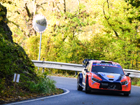 Driver Thierry Neuville and co-driver Martijn Wydaeghe of the Hyundai Shell Mobis World Rally Team, in a Hyundai I20 N Rally1 Hybrid, face t...