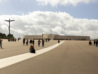 In Lisbon, Portugal, on October 17, 2024, a person walks on her knees near the chapel of the Sanctuary of Fatima. Fatima becomes a pilgrimag...