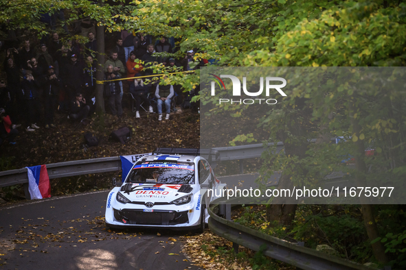 Driver Sami Pajari and co-driver Enni, from Team Toyota Gazoo Racing WRT, with their Toyota GR Yaris Rally1 Hybrid, face the first day of th...