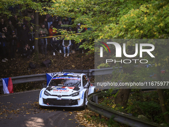 Driver Sami Pajari and co-driver Enni, from Team Toyota Gazoo Racing WRT, with their Toyota GR Yaris Rally1 Hybrid, face the first day of th...