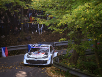 Driver Sami Pajari and co-driver Enni, from Team Toyota Gazoo Racing WRT, with their Toyota GR Yaris Rally1 Hybrid, face the first day of th...