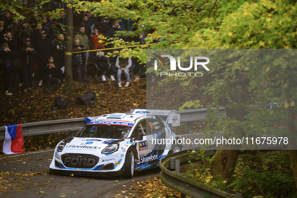 Driver Jourdan Serderidis and co-driver Frederic Miclotte of the M-Sport Ford WRT, Ford Puma Rally1 Hybrid, face the first day of the race d...