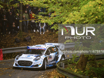 Driver Jourdan Serderidis and co-driver Frederic Miclotte of the M-Sport Ford WRT, Ford Puma Rally1 Hybrid, face the first day of the race d...