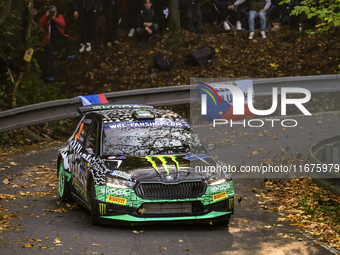 Driver Oliver Solberg and co-driver Elliott Edmondson of the team Toksport WRT 2, Skoda Fabia RS Rally2, face the first day of the race duri...