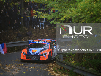 Driver Andreas Mikkelsen and co-driver Torstein Eriksen of the Hyundai Shell Mobis World Rally Team, in a Hyundai i20 N Rally1 Hybrid, face...