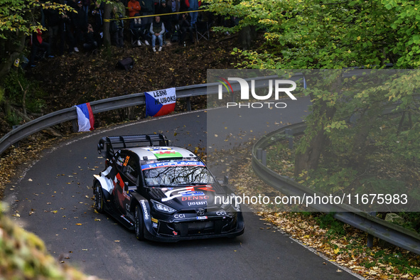 Driver Elfyn Evans and co-driver Scott Martin of the team Toyota Gazoo Racing WRT, in a Toyota GR Yaris Rally1 Hybrid, face the first day of...