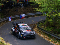 Driver Elfyn Evans and co-driver Scott Martin of the team Toyota Gazoo Racing WRT, in a Toyota GR Yaris Rally1 Hybrid, face the first day of...