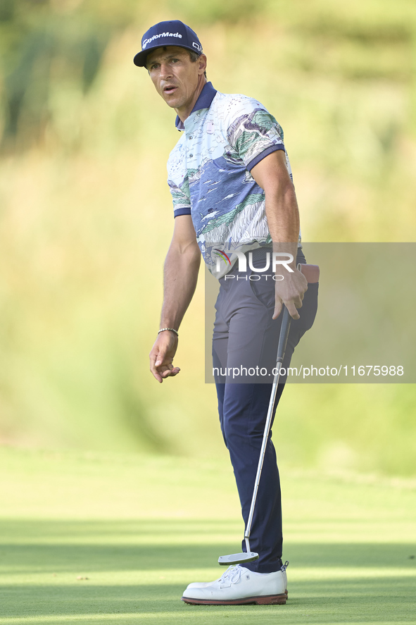 Thorbjorn Olesen of Denmark reacts on the 14th green on day one of the Estrella Damm N.A. Andalucia Masters 2024 at Real Club de Golf Sotogr...