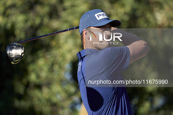 Victor Perez of France tees off on the 15th hole on day one of the Estrella Damm N.A. Andalucia Masters 2024 at Real Club de Golf Sotogrande...