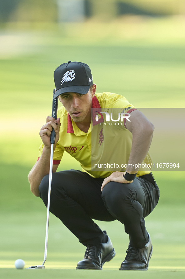 David Puig of Spain studies his shot on the 14th green on day one of the Estrella Damm N.A. Andalucia Masters 2024 at Real Club de Golf Soto...