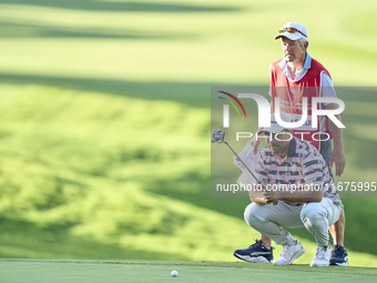 Romain Langasque of France studies his shot on the 14th green on day one of the Estrella Damm N.A. Andalucia Masters 2024 at Real Club de Go...