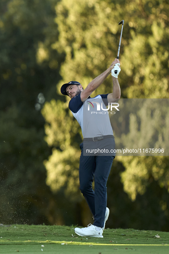 Laurie Canter of England plays his second shot on the 15th hole on day one of the Estrella Damm N.A. Andalucia Masters 2024 at Real Club de...