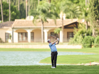 In San Roque, Spain, on October 17, 2024, Justin Harding of South Africa plays his second shot on the 14th hole on day one of the Estrella D...