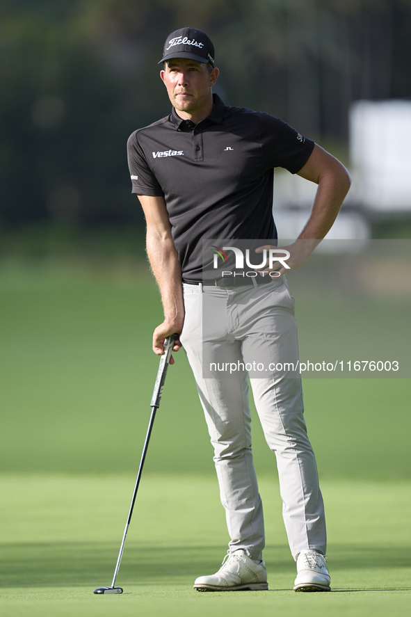 Niklas Norgaard of Denmark waits to play on the 14th hole on day one of the Estrella Damm N.A. Andalucia Masters 2024 at Real Club de Golf S...