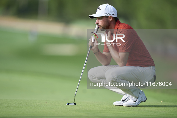 Frederic Lacroix of France studies his shot on the 14th green on day one of the Estrella Damm N.A. Andalucia Masters 2024 at Real Club de Go...