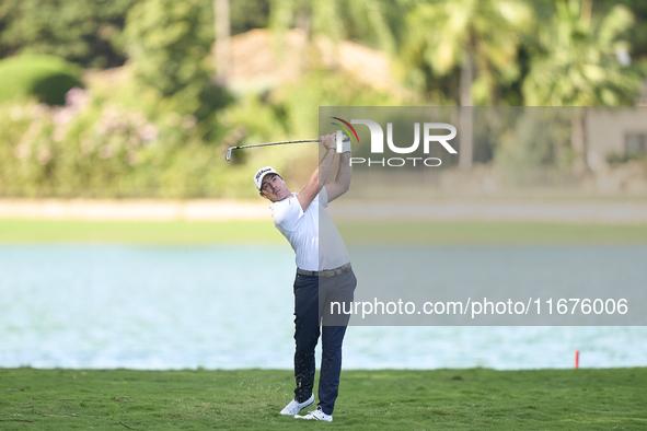 Julien Guerrier of France plays his second shot on the 14th hole on day one of the Estrella Damm N.A. Andalucia Masters 2024 at Real Club de...