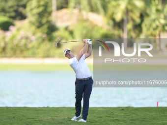 Julien Guerrier of France plays his second shot on the 14th hole on day one of the Estrella Damm N.A. Andalucia Masters 2024 at Real Club de...